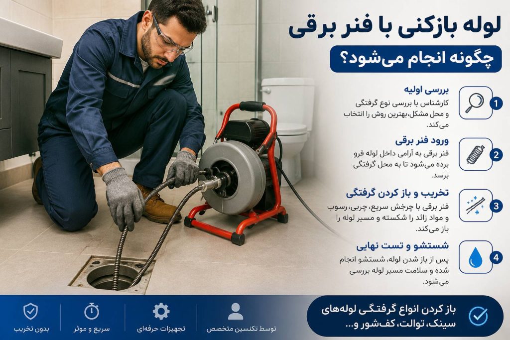 لوله بازکنی با فنر برقی توسط تکنسین متخصص برای رفع گرفتگی لوله فاضلاب بدون تخریب